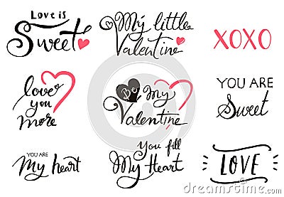 Happy Valentineâ€™s Day typography background with heart.The wording are my little valentine, you are sweet,love you more,xoxo Vector Illustration
